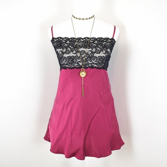 VTG 00s Y2K Christine Wine Red Silk Black Floral Lace Babydoll Slip Cami Top - Picture 1 of 8